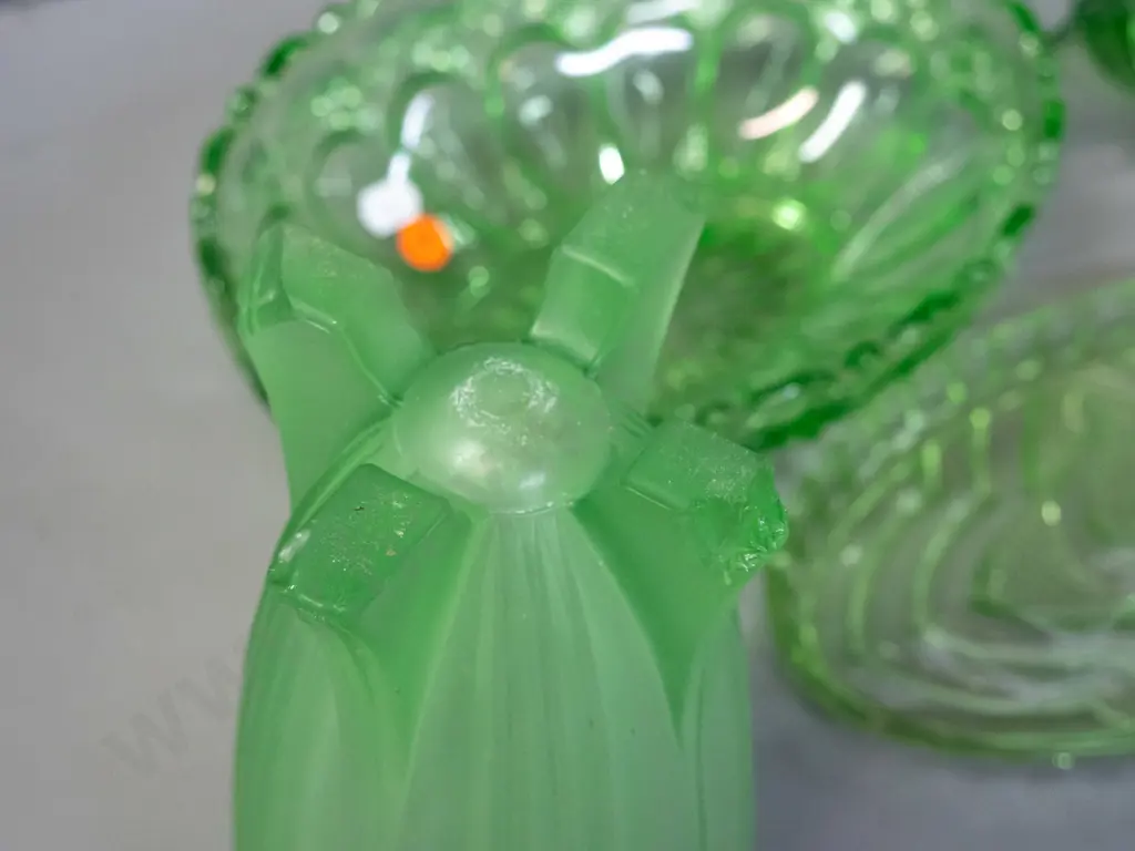 4 pieces of moulded green depression glass - footed frosted vase and deco footed bowl are are uranium glass, both have Image 1++