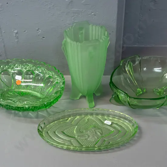 4 pieces of moulded green depression glass - footed frosted vase and deco footed bowl are are uranium glass, both have