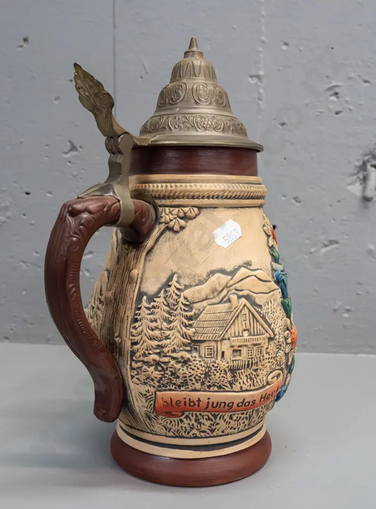 vintage Dewar's whisky glass stoppered decanter and a pewter-lidded German beer tankard. Decanter has rubbing to Image 1++