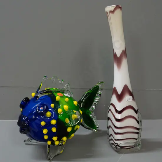 2 art glass items - multi-coloured pufferfish and a curved bottle vase - clear over white and mauve H-330