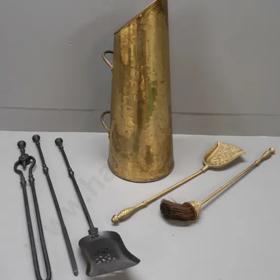 hand beaten brass conical handled coal scuttle or fireside holder with assorted fireside tools - cast brass brush and
