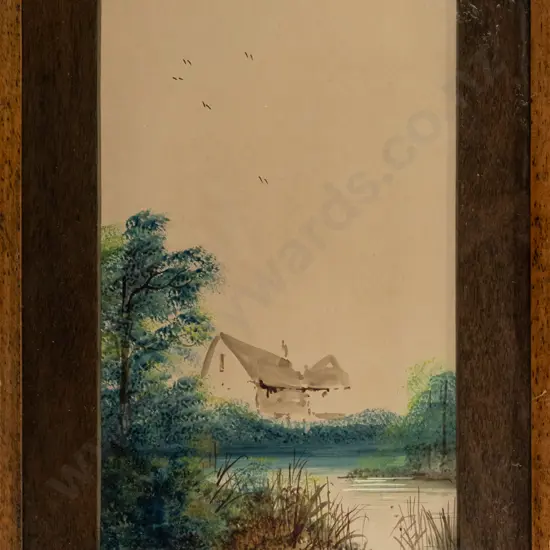 A Douglas - framed watercolour - house by river H320 W170