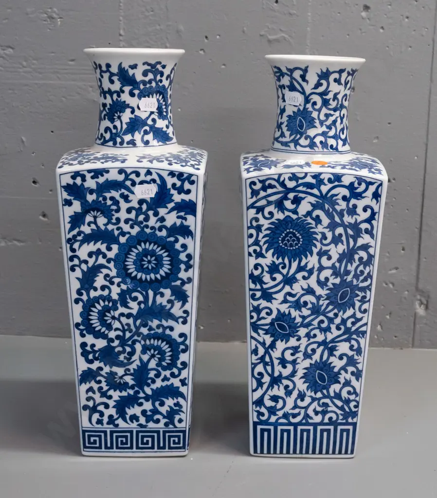 pair of Chinese blue and white floral motif slab sided bottle vases H-360 120x120 at widest Image 1++