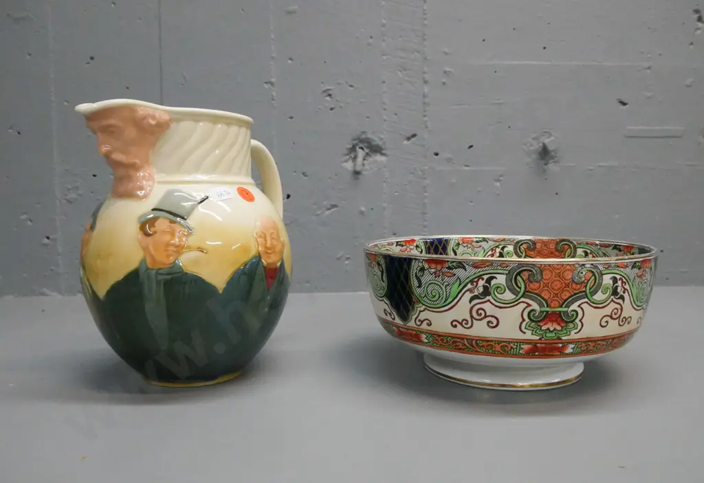 2x Royal Doulton: Dickens themed Jug w/ six Dickensian characters & Dickens portrait mask on spout. Bowl depicts fishers Image 1++