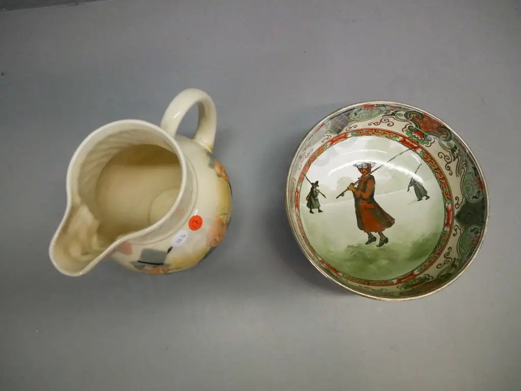 2x Royal Doulton: Dickens themed Jug w/ six Dickensian characters & Dickens portrait mask on spout. Bowl depicts fishers Image 1++