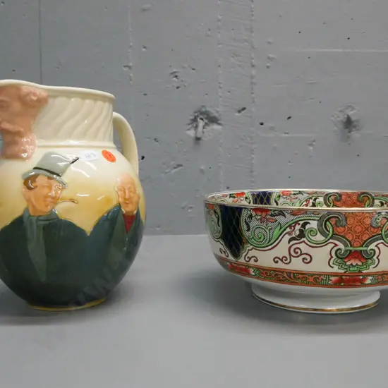 2x Royal Doulton: Dickens themed Jug w/ six Dickensian characters & Dickens portrait mask on spout. Bowl depicts fishers
