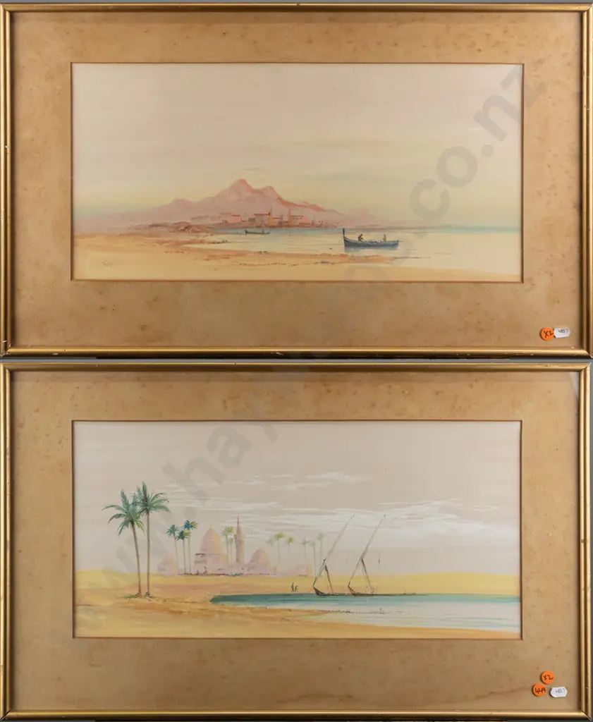 2x framed watercolours - Middle Eastern scenes Each H240 W480 (foxing to mat and under side of glass of both) Image 1++