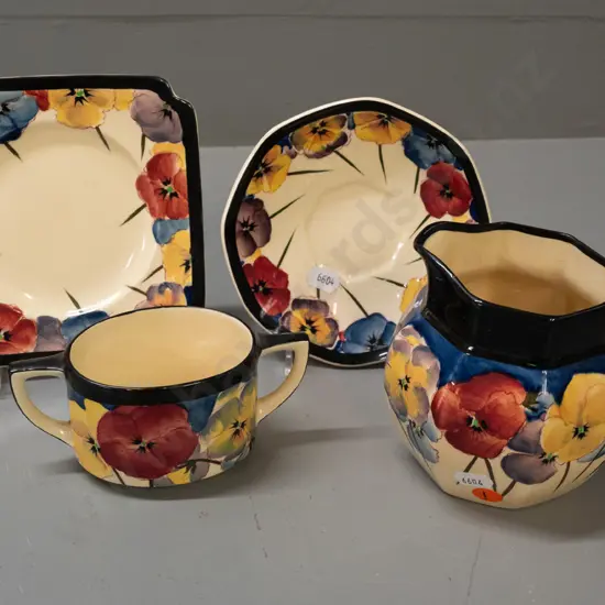 4 pieces of Royal Dolton Pansy pattern china - jug H-120, double handled sugar bowl, plate, saucer - some crazing inside