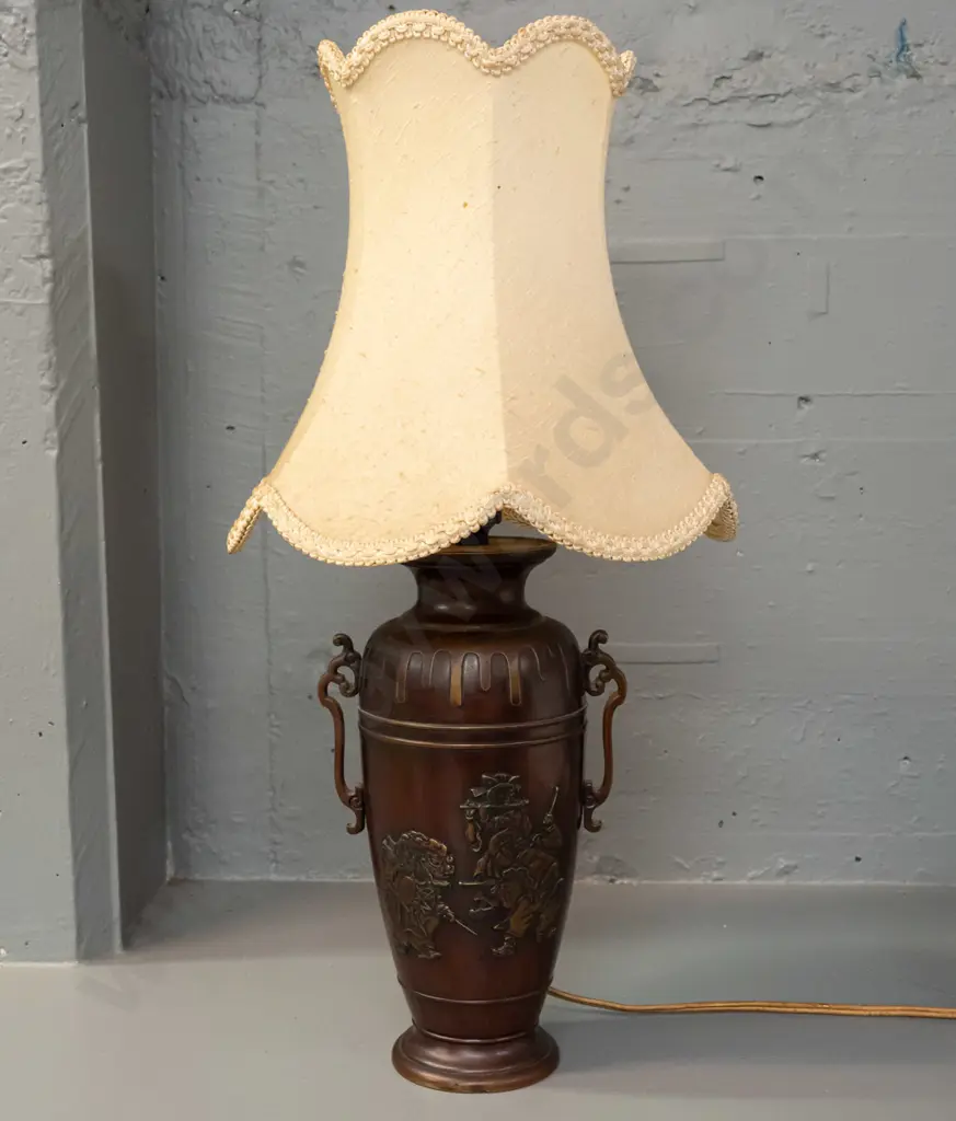 cast metal (brass?) urn shaped lamp with bronze patina finish - dragon, musician, flower and butterfly motifs - with Image 1++