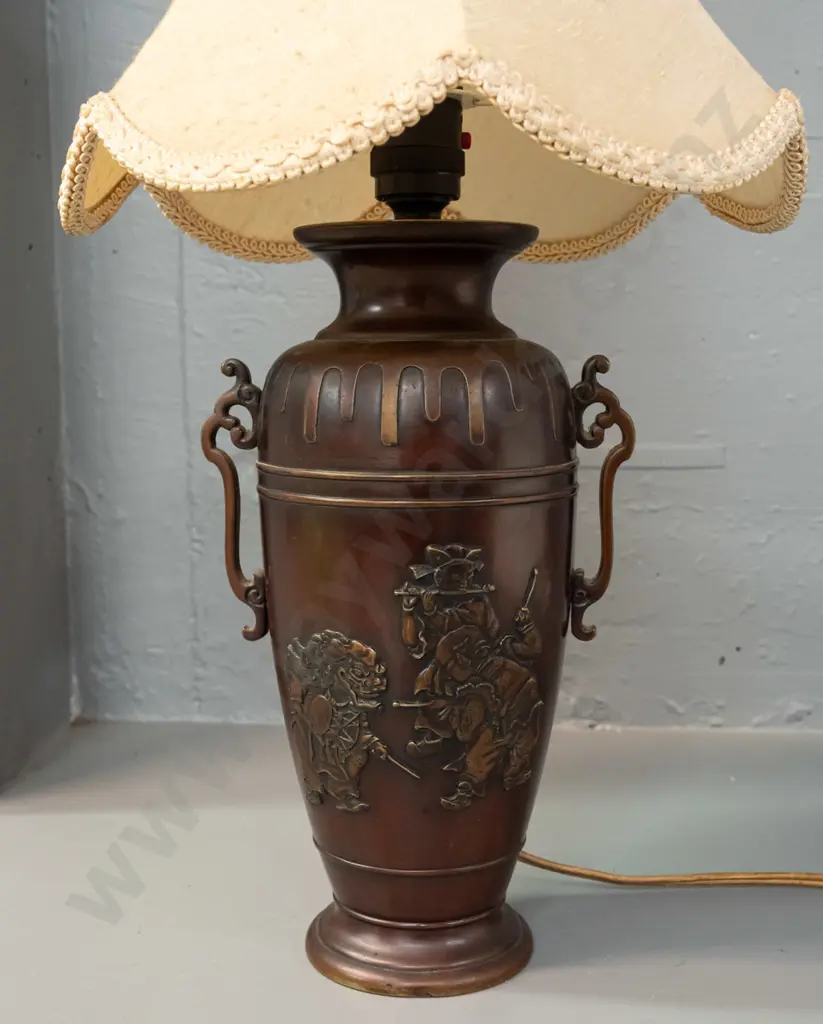 cast metal (brass?) urn shaped lamp with bronze patina finish - dragon, musician, flower and butterfly motifs - with Image 1++