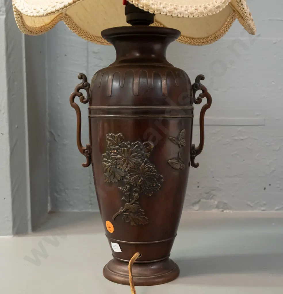 cast metal (brass?) urn shaped lamp with bronze patina finish - dragon, musician, flower and butterfly motifs - with Image 1++
