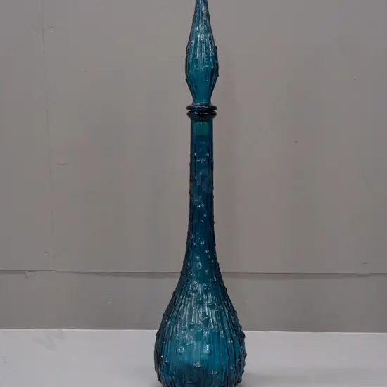 retro blue glass stoppered genie bottle - original plastic liner replaced with tape H-560