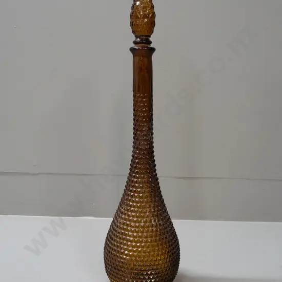 retro dark amber moulded glass genie bottle - wear to plastic stopper liner H-480