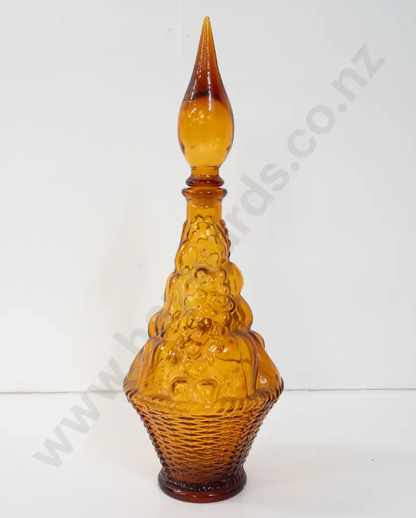 amber glass moulded genie bottle with stylized basket of fruit decoration H420 Image 1++