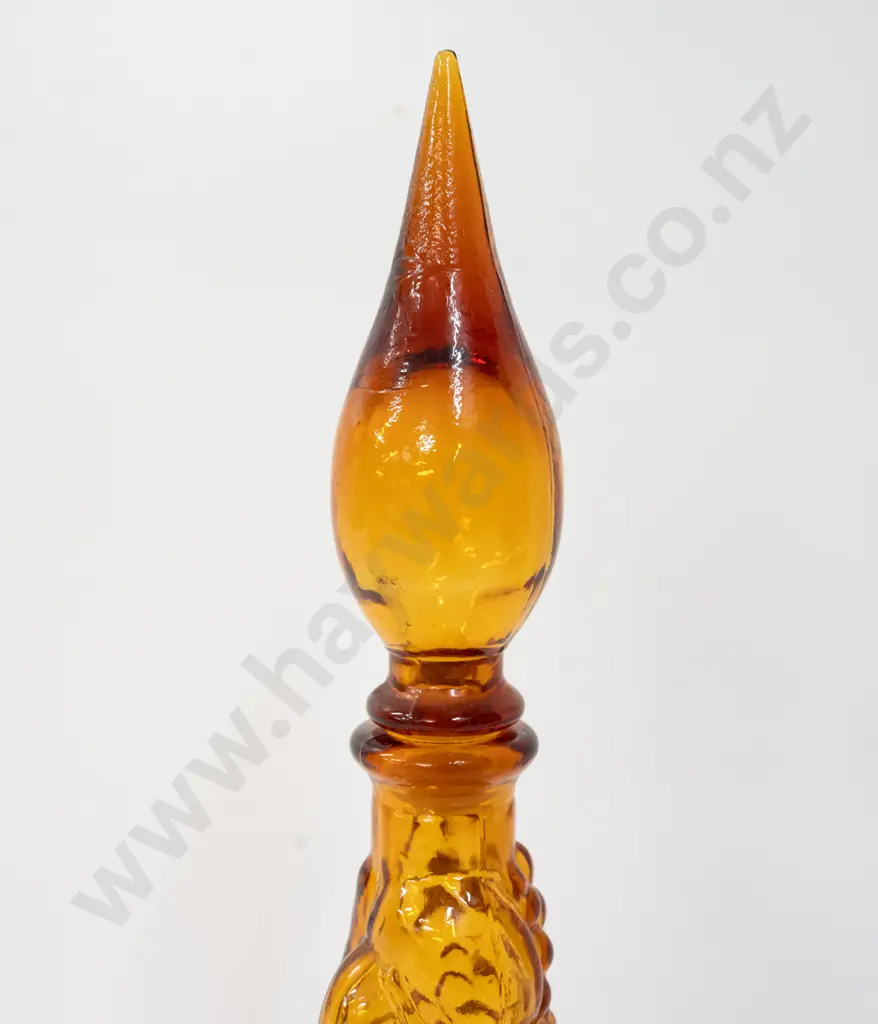 amber glass moulded genie bottle with stylized basket of fruit decoration H420 Image 1++
