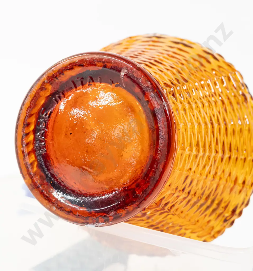 amber glass moulded genie bottle with stylized basket of fruit decoration H420 Image 1++