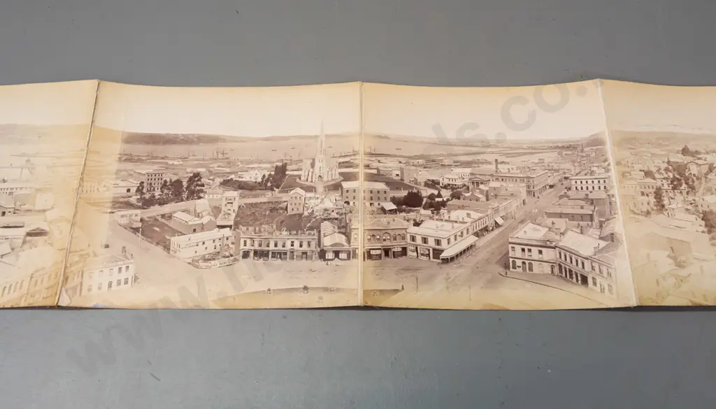 vintage hard cover folio-bound photographic Panorama of Dunedin - 1879 Walter J. Burton. Photos have uneven fading, wear Image 1++