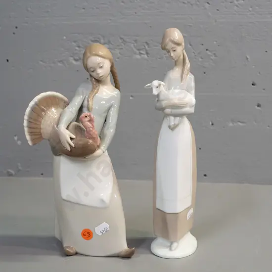 2  Lladro figurines - girl holding a turkey H-265 W-80 and a girl with lamb