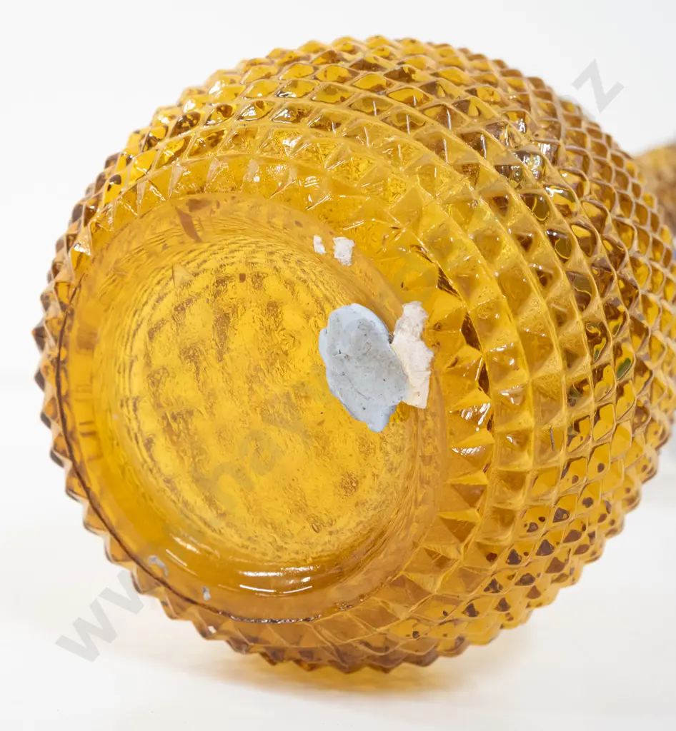 yellow glass genie bottle with hob nail pattern glass, missing stopper nylon inner H550 Image 1++