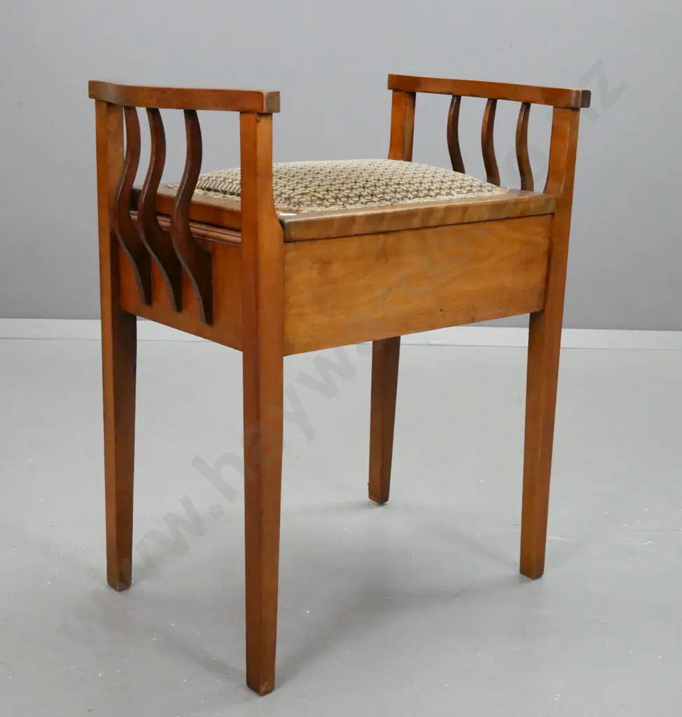 arts & crafts style vintage piano stool in beech with upholstered lift up lid, fraying to gimp around edge Image 1++