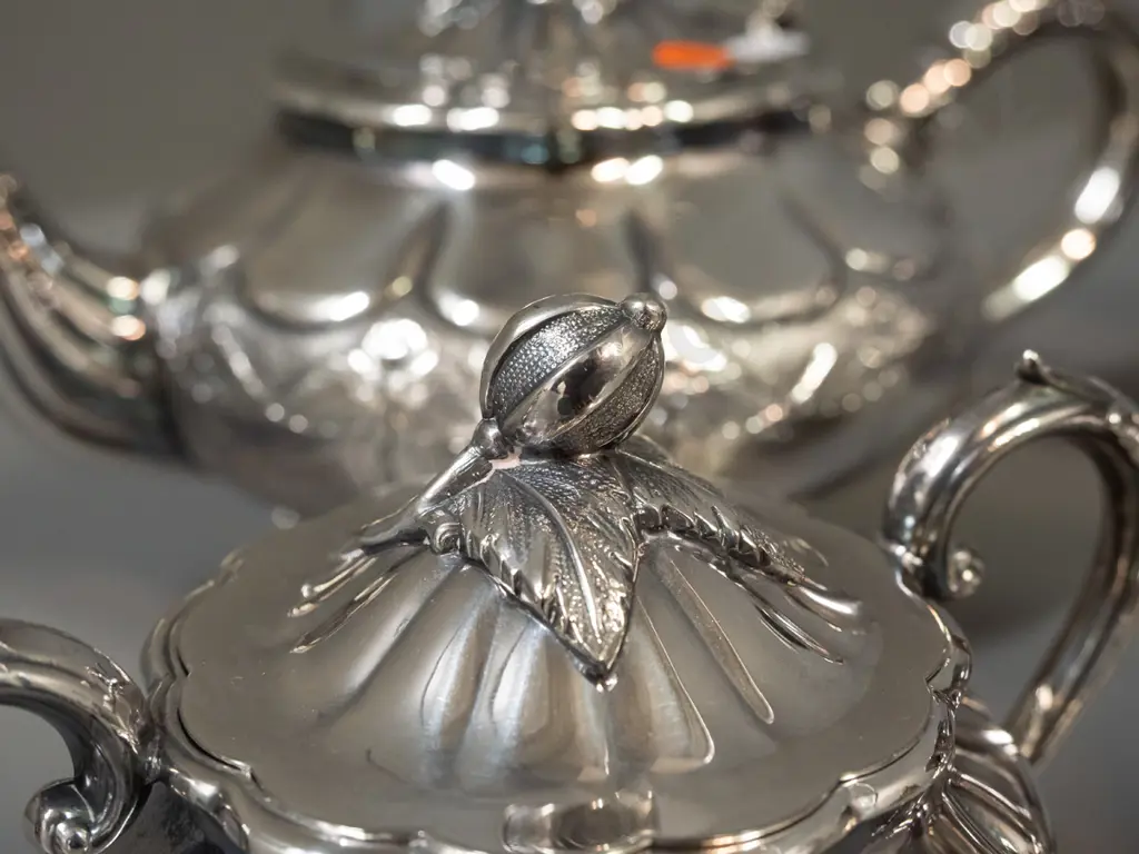 silver plated teapot, coffee pot, cream & sugar - marked Rogers, hand-chased, made in Canada, electro-plated copper. Image 1++