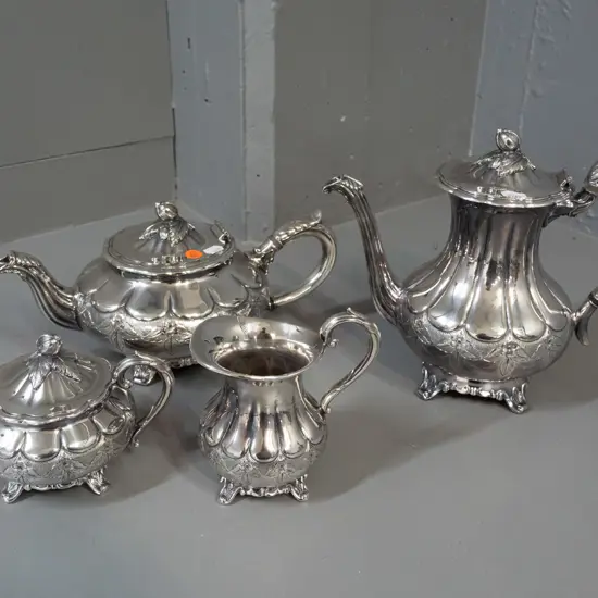 silver plated teapot, coffee pot, cream & sugar - marked Rogers, hand-chased, made in Canada, electro-plated copper.