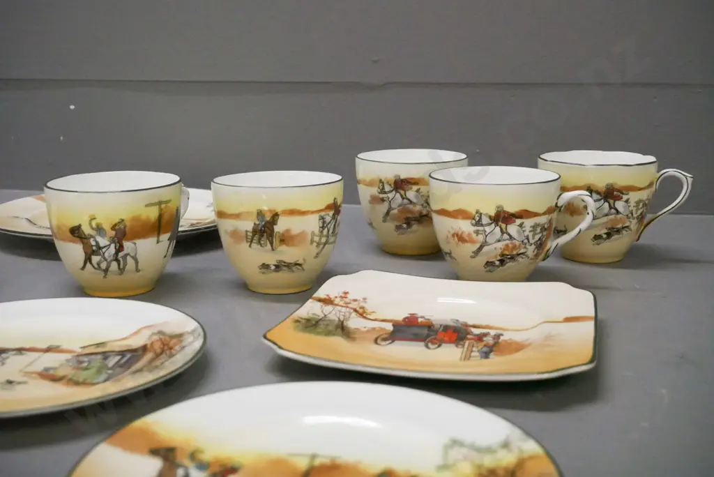 Royal Doulton hunting scene: 5x small plates, larger plate, square plate, 5x teacups. Larger plate has some scratching Image 1++