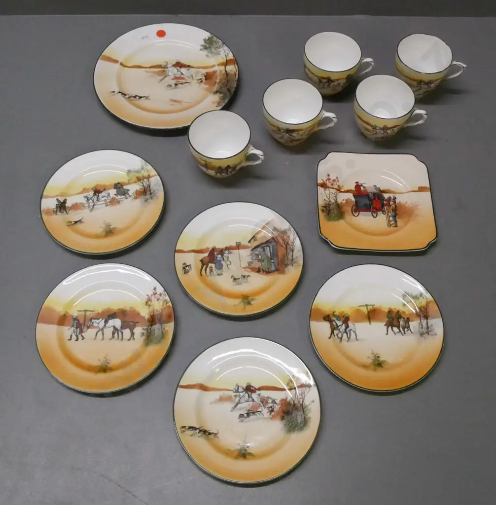 Royal Doulton hunting scene: 5x small plates, larger plate, square plate, 5x teacups. Larger plate has some scratching Image 1++