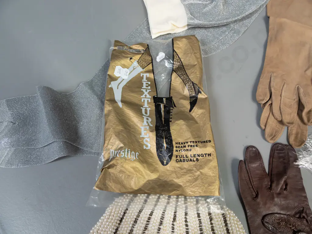 assorted vintage gloves, stockings and scarf and beaded hand bags including Trefousse kid gloves - part of clasp on gold Image 1++