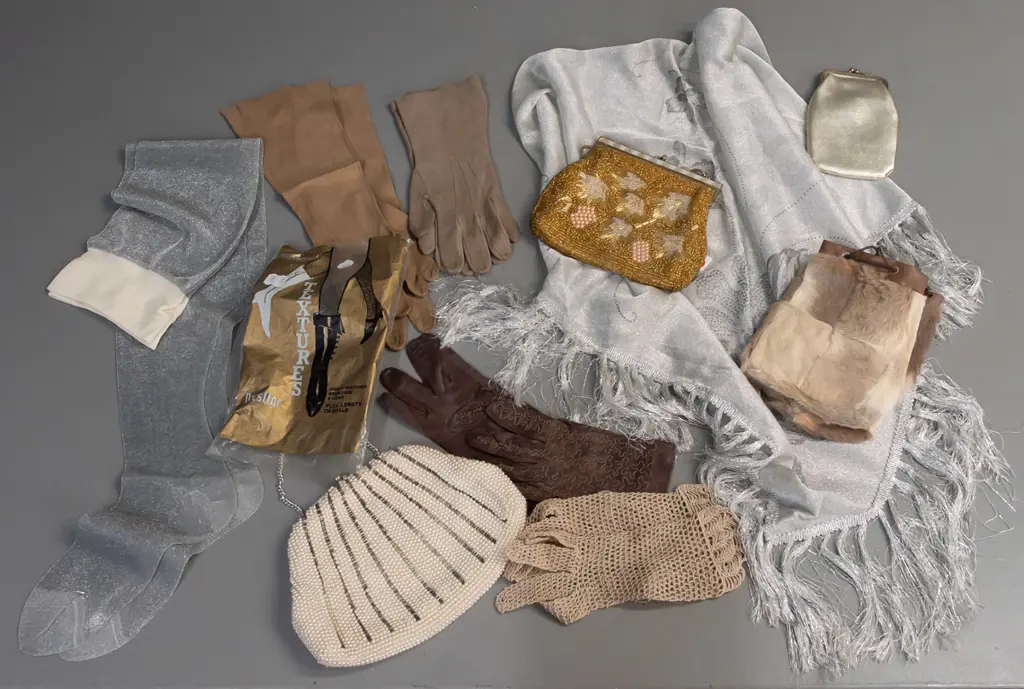 assorted vintage gloves, stockings and scarf and beaded hand bags including Trefousse kid gloves - part of clasp on gold Image 1++