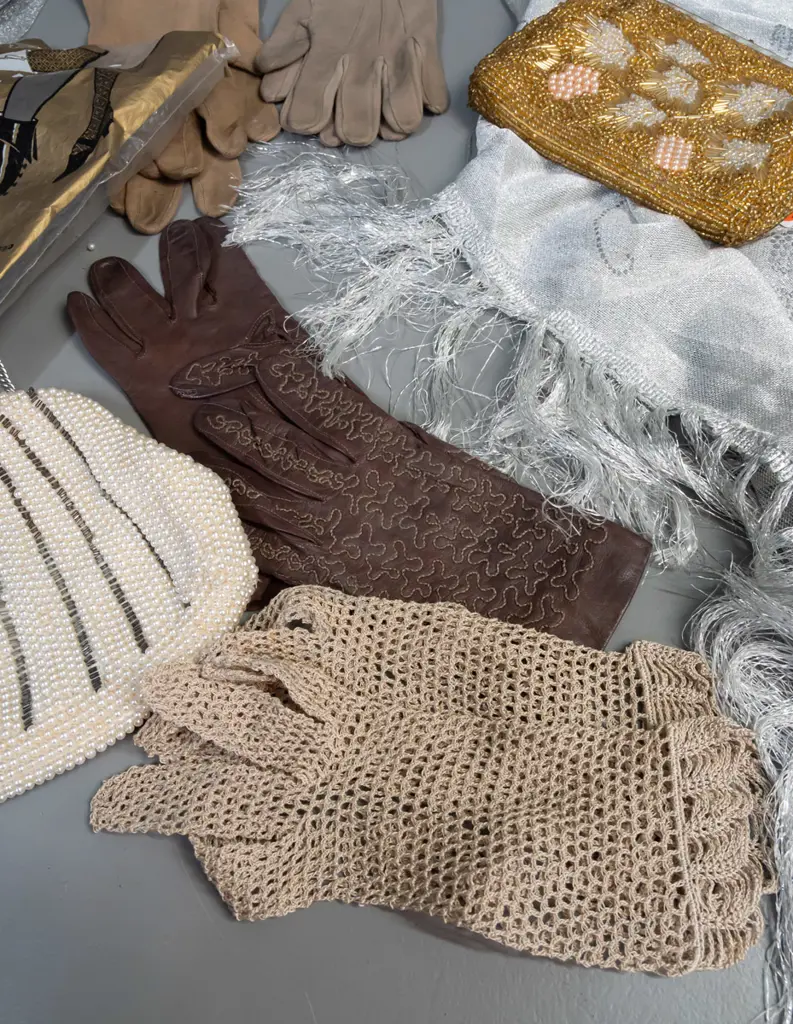 assorted vintage gloves, stockings and scarf and beaded hand bags including Trefousse kid gloves - part of clasp on gold Image 1++