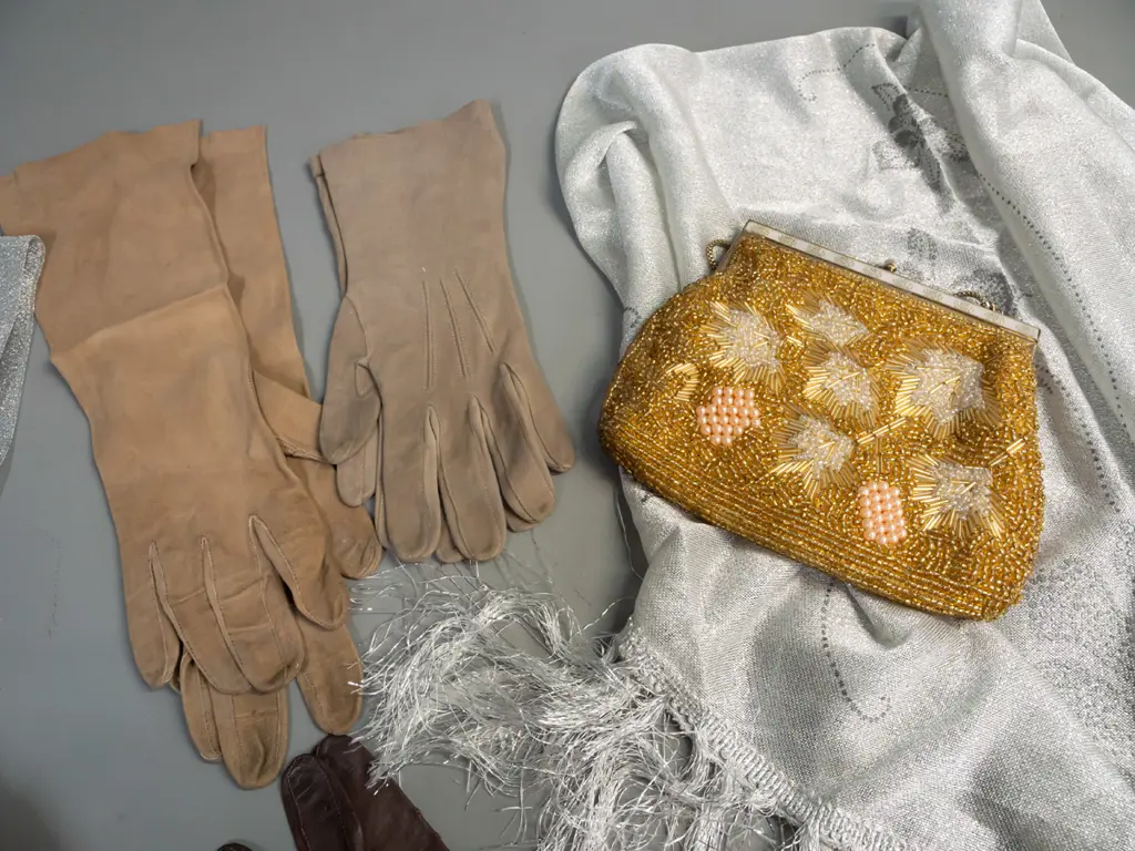 assorted vintage gloves, stockings and scarf and beaded hand bags including Trefousse kid gloves - part of clasp on gold Image 1++