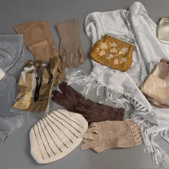 assorted vintage gloves, stockings and scarf and beaded hand bags including Trefousse kid gloves - part of clasp on gold