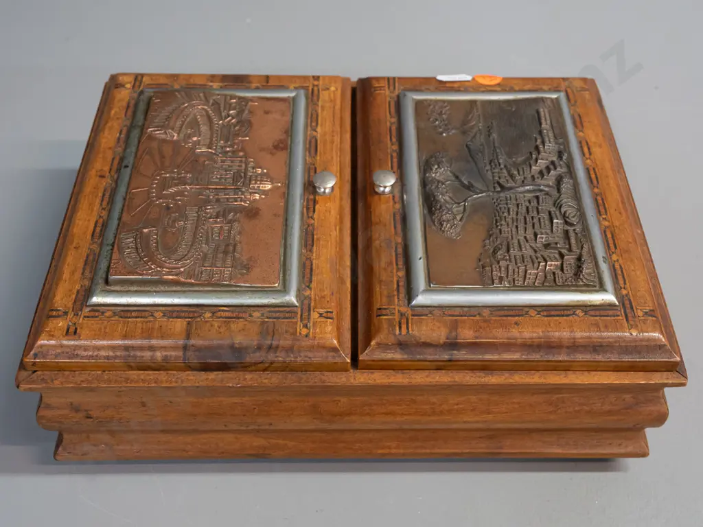 vintage musical cigarette box / humidor - 2 hinged lids w/ copper plated cast metal Italian scenes marked "R. Vietata" Image 1++