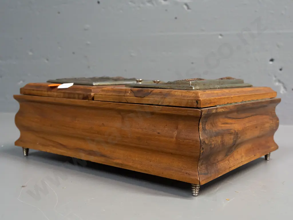 vintage musical cigarette box / humidor - 2 hinged lids w/ copper plated cast metal Italian scenes marked "R. Vietata" Image 1++