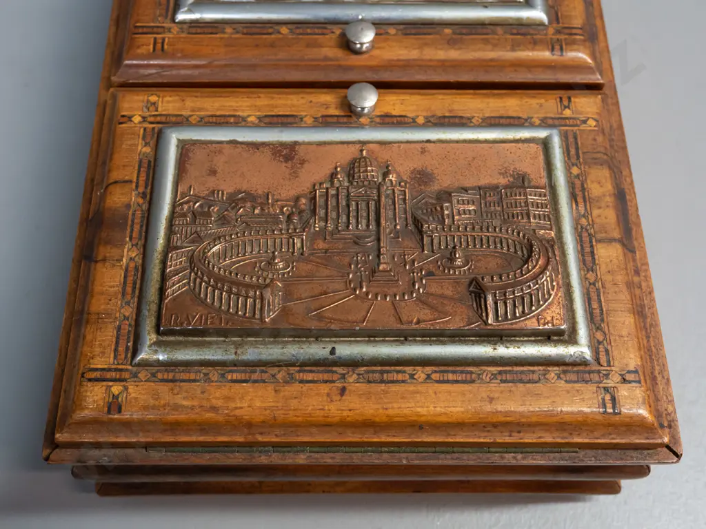 vintage musical cigarette box / humidor - 2 hinged lids w/ copper plated cast metal Italian scenes marked "R. Vietata" Image 1++