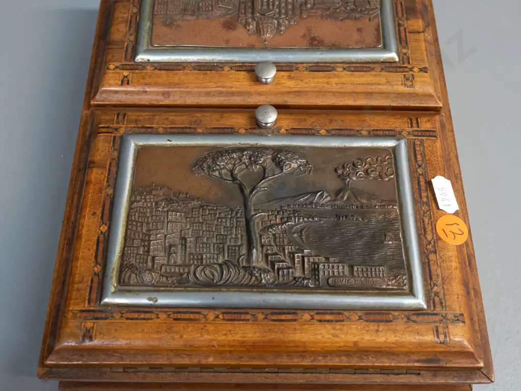 vintage musical cigarette box / humidor - 2 hinged lids w/ copper plated cast metal Italian scenes marked "R. Vietata" Image 1++