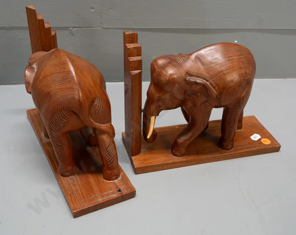 pair of carved teak elephant book-ends with stepped ends, timber tusks H-180 L-230 W-85 Image 1++