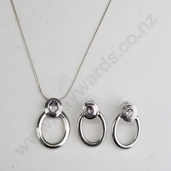 silver / amethyst necklace & earring set stamped 925