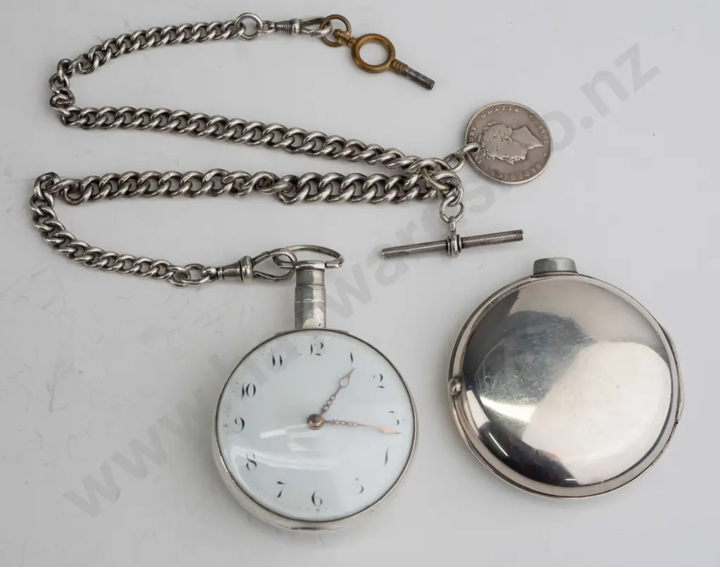sterling silver pair-cased verge pocket watch on fob chain (outer case 41.8gm, watch case and chain 74gm) - going Image 1++
