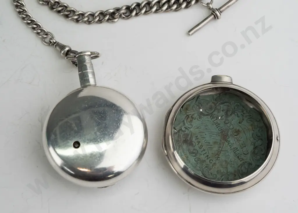 sterling silver pair-cased verge pocket watch on fob chain (outer case 41.8gm, watch case and chain 74gm) - going Image 1++