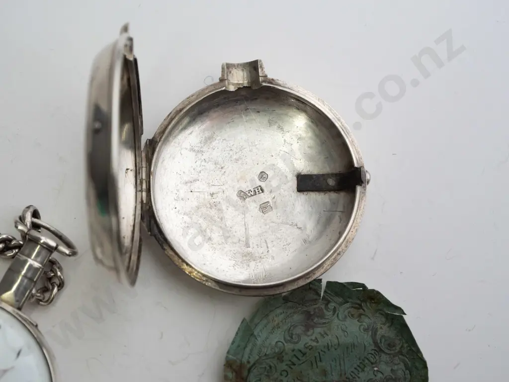 sterling silver pair-cased verge pocket watch on fob chain (outer case 41.8gm, watch case and chain 74gm) - going Image 1++
