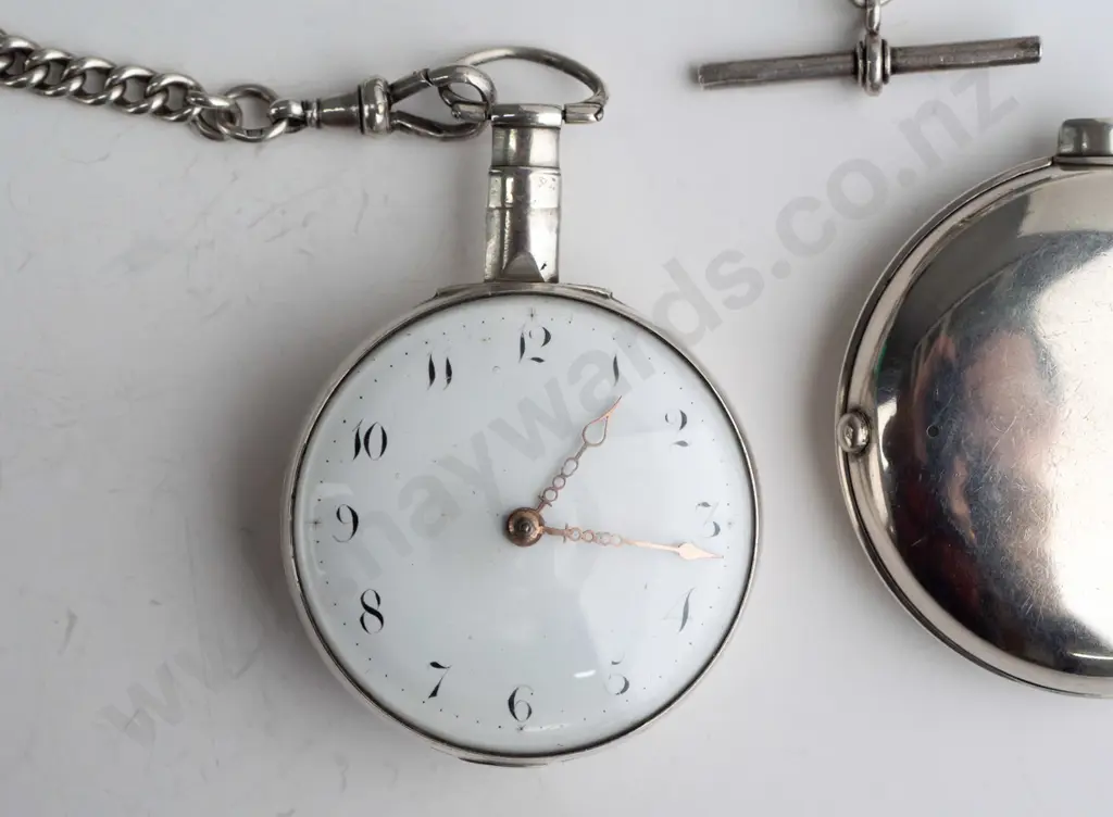 sterling silver pair-cased verge pocket watch on fob chain (outer case 41.8gm, watch case and chain 74gm) - going Image 1++