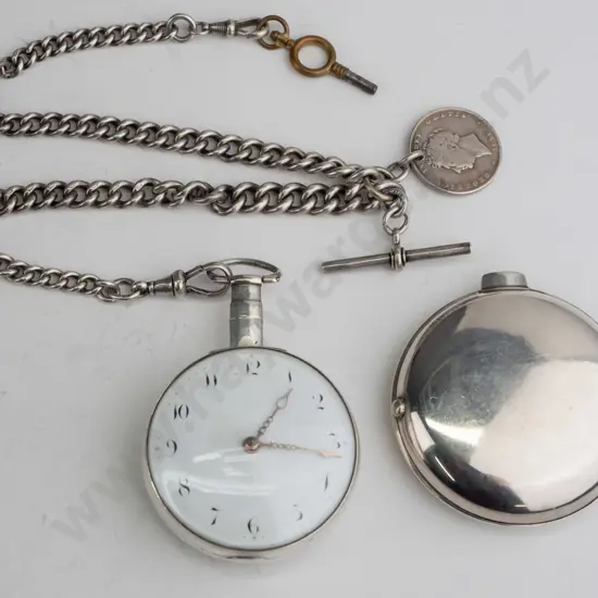 sterling silver pair-cased verge pocket watch on fob chain (outer case 41.8gm, watch case and chain 74gm) - going