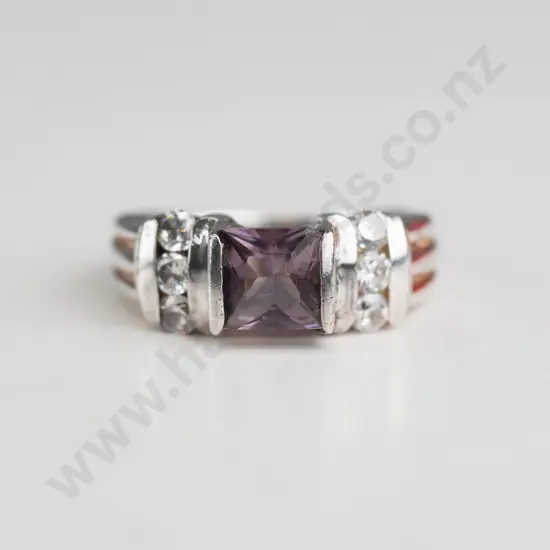 sterling silver cz & purple stone ring stamped 925