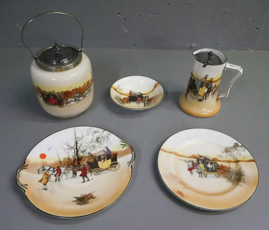 5x Royal Doulton coaching scene: biscuit barrel w/ plated rim lid & handle, jug w/ plated hinged lid, cake plate, plate, Image 1++
