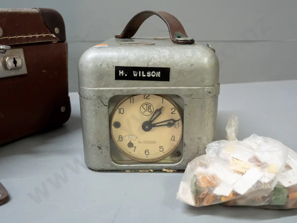 STB Swiss pigeon-racing time clock with carry case and bag of paper tags - some wear, decaying foam residue from case. Image 1++