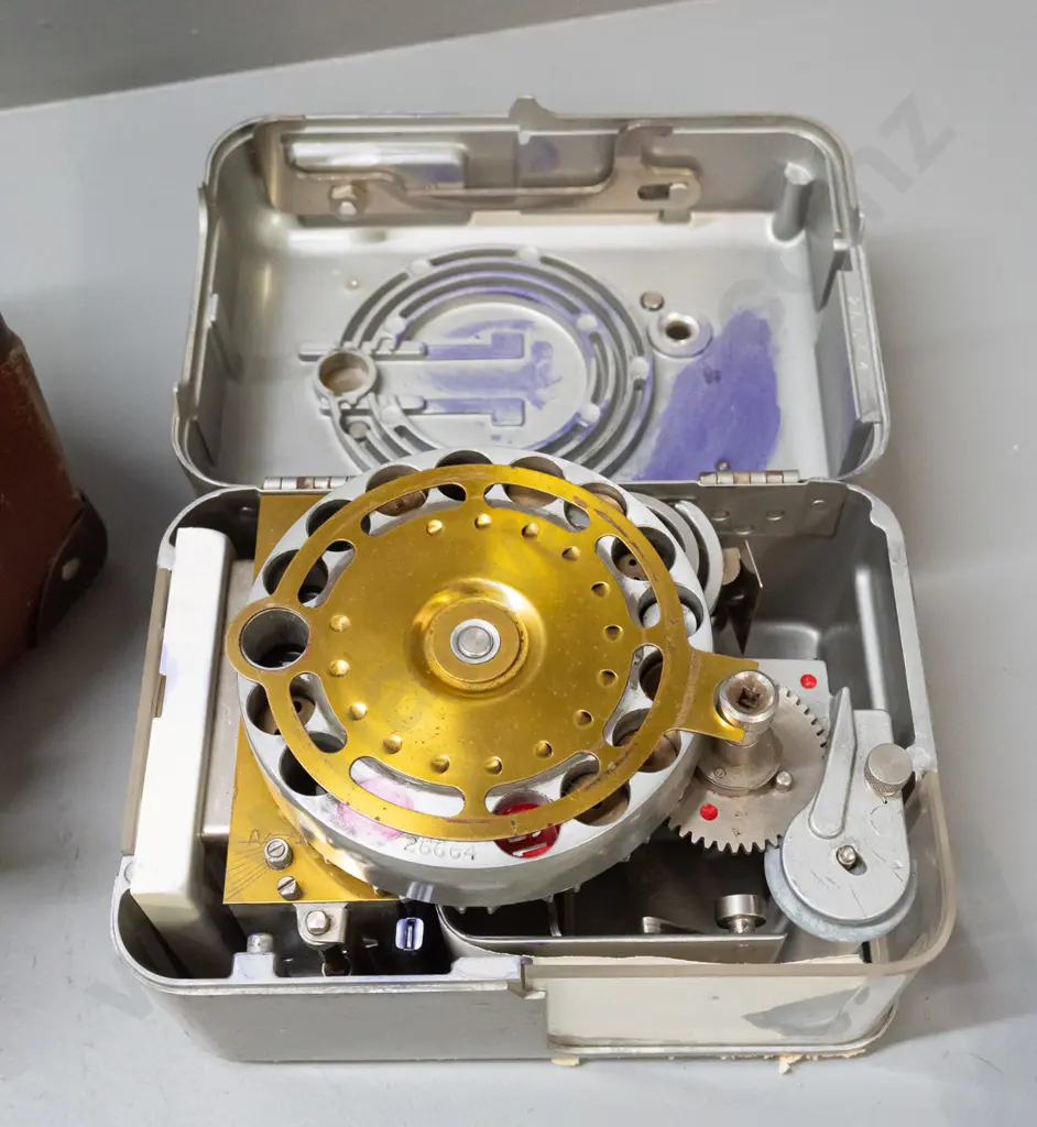 STB Swiss pigeon-racing time clock with carry case and bag of paper tags - some wear, decaying foam residue from case. Image 1++