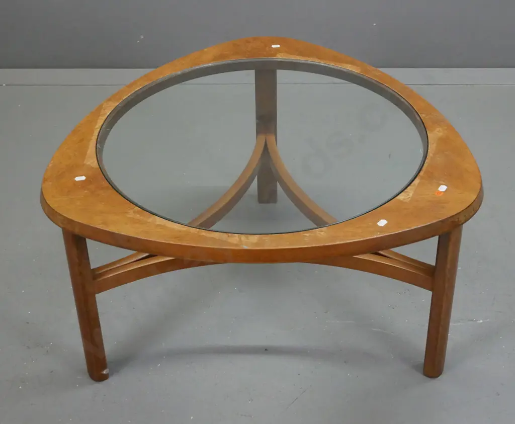 mid-century teak astro-style coffee table w/ glass insert top. Staining, scratching and marks to surface on top, some Image 1++