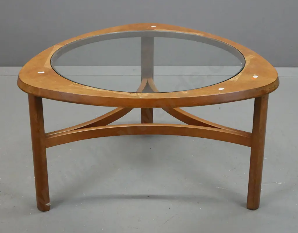 mid-century teak astro-style coffee table w/ glass insert top. Staining, scratching and marks to surface on top, some Image 1++